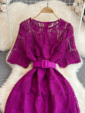 Women Vintage Purple/Red/White Hollow Lace Party Maxi Dress Female Elegant Round Neck Short Sleeve Slim Robe New
