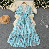 Dress Women's Summer High-End Feeling V-Neck Lace Splicing Bubble Sleeves To Close The Waist Of The Chopped Snowy
