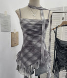 Shooting Round Neck Fluttering Dye Printing Irregular Lotus Leaf Side Mesh Slings Slings Sleeveless Top
