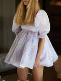 Square Neck Pleated A-Line Dress Spring Summer Short Sleeve Loose Floral Print Dress Women Elegant Puff Sleeve Party Dress 211-0-Outfit
