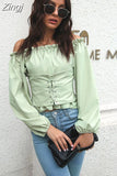 Color Off Shoulder Women Blouse Spring Summer Lantern Long Sleeve Bandage Shirts Tops and