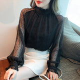 Chiffon Shirt Women's Design Sense Niche Standing Collar Mesh Shirt 2025 Spring And Fall Vintage Hong Style