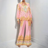 Women's Long-Sleeved Pink Printed Shirt Trousers Casual Fashion Suit Women