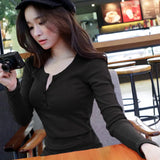 Zingj 2024 Buttons And Thread Solid Color Long Sleeve T-Shirt Women's Slim Korean New Top Bottom Shirt Outside The