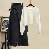 Women Winter Patchwork Long Sleeve Knitted Tops + Asymmetric Skirt 2 Piece Suit Female Party Elegant Two Piece Set 211-0-Outfit