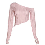 Autumn 2021 New Women's Solid-Color Fashion Slanted Shoulder Sexy Perspective Long-Sleeved T-Shirt In Wood