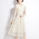 Fragrant Suit Women's Short Round Collar Bubble Sleeve Lace Blouse High Waist Swing Half Dress Women's Autumn Dress Two