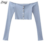 Sleeve Cardigans Women Korean Style Leisure Slim Female Cropped Tops All-match Slash Neck Sexy Single Breasted Fashion