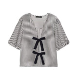 Spring New Women's Street Fashion Cotton Bow Tie With Striped Hoodie