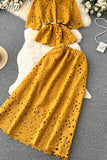 Women Hollow Out Two Piece Set Vintage Turn-Down Collar Short Sleeve Tops + High Waist Long Skirt 2Pcs Suit New