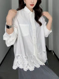 Design Lace Spliced White Shirt Women's Spring And Autumn And Winter Fat Mm Loose Thin Inside Stacked