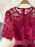 Hollow Out Lace Long Dress Women Sexy O-Neck Short Sleeve High Waist A-Line Vacation Beach Vestidos Female With Belt