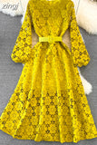 Yellow/Red/White Hollow Out Lace Long Dress Vintage O-Neck Puff Sleeve High Waist A-Line Big Swing Maxi Party Vestido