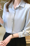 Women's Silk Shirts V-neck Solid Laides Tops Womens 2023 Spring Fashion Satin Long Sleeve Blouses Button Up White OL Vintage