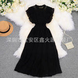 Zingj Retro Round Collar Lace Pressure Pleated Skirt Temperament Goddess Fan Xia New Style Waist Lotus Edge Show Thin