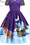 Dress Christmas Costume Women Lace Short Sleeve Hight Waist Vintage Evening Party Prom Casual