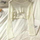 Women Summer Long Sleeve Crop Tops Thin Breathable Hollow Out Korean Style O-neck Loose Sun-proof Chic All-match