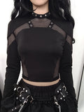 And Dark Style Fashion Grid Splicing Hollow Design T-Shirt Hottie Trend Chicken Eye Collar Umbilical