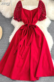 Vintage Women Lace Patchwork Midi Dress Elegant Square Collar Short Puff Sleeve Big Swing Casual Vestidos Female 2023