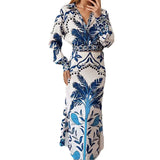 New Women's V-Neck Long-Sleeved Half-Dress Retro Print Early Spring Lazy Casual Fashion
