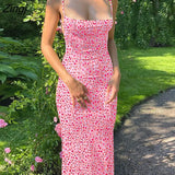 Women's Summer Sexy Bodycon Dress Spaghetti Strap Sleeveless Backless Slim Fit Floral Printed Long