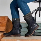 Women's Boots Autumn And Winter New Wool After The Tie With Mid-Sleeve Boots Low And Large Leather