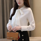 Women Blouse Spring 2023Long Sleeve Ribbon Bow Chiffon Women Shirts Korean Style Temperament Business Attire