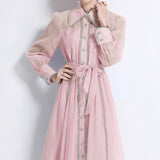 Light Luxury Tidive Lace Splicing Single-Ditch Lantern Sleeve Dress Female Waist Temperament Elegant