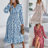 2025 Elegant Broken Flower Cross V Receive Waist Lotus Leaf Side Dress Women's