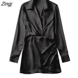 Women Fashion Long Sleeve Pleats Desgin Soft Satin Mini Shirt Dress Office Ladies Chic Irregular Hem Slim Vestidos