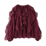 Women's V-Neck Folding Trim Shirt Long-Sleeved Top Loose