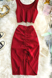 Summer Women 2pcs Set Black/Red Vintage Round Neck Knitted Short Tops + Drawstring Bodycon Skirt Female Two Piece Set