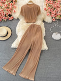 Vintage Red/Pink/Black Pleated Two Piece Set Women Casual O-Neck Short Sleeve Tops + Loose Pants Suit Female