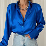 Women's Shirt Polo Collar Office Lady blouse Vintage Blue Green Silk Shirt Loose Button Up Down Shirts Black Fashion
