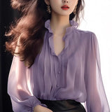 Autumn Alone Special To The Lotus Leaf Collar Beautiful Little Shirt Female Mogo Fish Creation French Lantern Sleeve Pure Color Chiffon