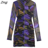 New Women Fashion Contrast Color Floral Print Purple Mesh Slim Mini Dress Female Chic Long Sleeve Pleated Vestidos