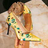 Women's High-Heeled Shoes Women's Fashion Yellow Print Simple Pointed Fine Heel High Heel Single Shoes