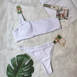 Zingj New Swimsuit Luxury Crystal Diamond Chain Female Split Swimsuit Plain Color One Shoulder Sexy