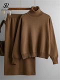 Zingj Women Gentle Knitted Suits Turtleneck Long Sleeve Loose Pullover+Elastic Waist Bodycon Skirt Winter Fashion Solid Sets 211-0-Outfit
