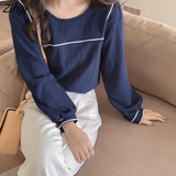 Women OL Elegant Stylish Ladies Top Chic Sweet Lantern Sleeve Solid O-neck Korean Spring Autumn 2023 Ulzzang New