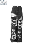 Design Y2k Ripped Jeans Women's Straight High Waist Wide Leg Black Denim Pants Hip Hop Fashion Streetwear Vintage