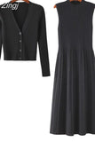 Women Suit Knitted Sweaters and Dress Two Pieces Set 2023 Autumn Winter Solid Casual Knitwear Cardigans Jumpers Pull