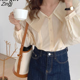 Blouses Women Korean Style Long Sleeves Shirts Elegant Vintage Peter Pan Collar Tops All-match Streetwear Female