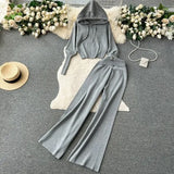 And Winter Solid Knitted Hooded Hooded Jersey Blouse High Waist-Hanging Feeling Trousers Casual Two Sets Of