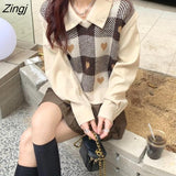 Pieces Sets Women Spring Autumn Korean Plaid Vest Knitted Sweater Sweet Girls Casual Shirts Elegant V-neck College Vintage