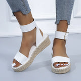 And Summer New Belt Buckle One-Word Slope Sandals Women's Flat Bottom Car Sewing Empty Dew Roman