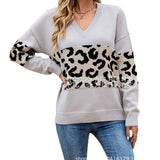 Autumn And Winter New V-Neck Spliced Knitted Shirt Women's Jacket Leopard Print Women's
