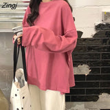 Sleeve T-shirts Classic Solid Korean Chic Autumn Spring Couples Tops All-match Trendy Side-slit Design Womens