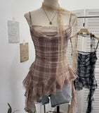 Lattice Splicing Lace Ribbon Ribbon Swing Tie Sling Sling Vest Irregular Lotus Leaf Side Hottie Top