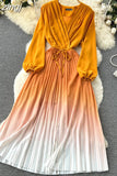 Draped Long Dress Women Elegant V-Neck Puff Sleeve High Waist Pleated A-Line Party Vestidos Female Spring